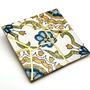 Kintsugi Italian Terracotta Tile 70s Hand Painted Floral Gold Crack Growth Gift